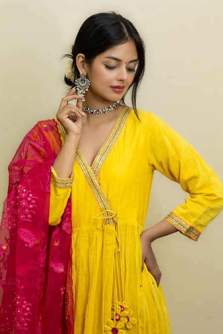 Mithi Supari Yellow Chanderi, Organza Sequins, Zari, Neckline Angarkha Anarkali Set at Aza Fashions Mithi Supari_Yellow Chanderi, Organza Sequins, Zari, Neckline Angarkha Anarkali Set _at_Aza_Fashions