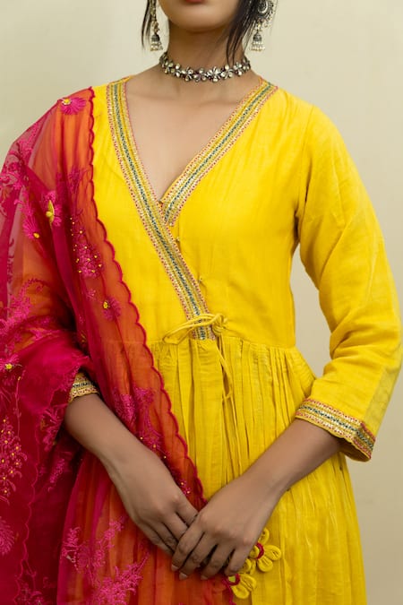 Buy Mithi Supari Yellow Chanderi, Organza Sequins, Zari, Neckline Angarkha Anarkali Set Buy_Mithi Supari_Yellow Chanderi, Organza Sequins, Zari, Neckline Angarkha Anarkali Set