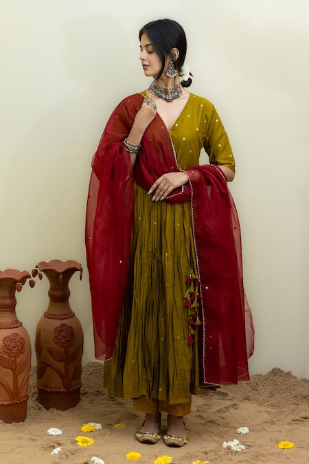 Mithi Supari_Green Cotton, Organza Mirrors Plunge Neck Embroidered Angarkha Anarkali Set _Online_at_Aza_Fashions