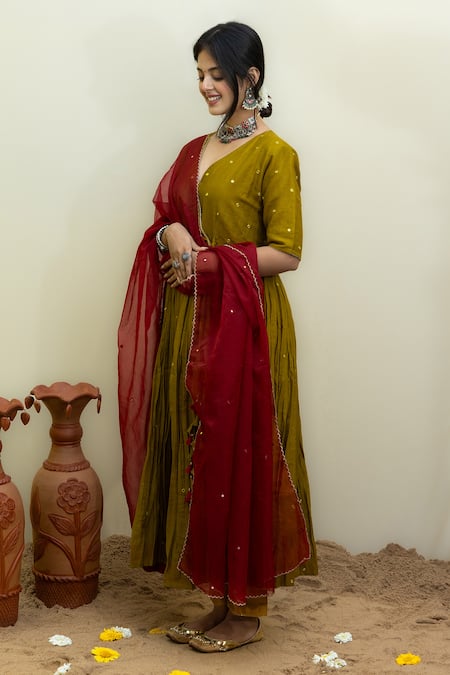 Buy_Mithi Supari_Green Cotton, Organza Mirrors Plunge Neck Embroidered Angarkha Anarkali Set _Online_at_Aza_Fashions