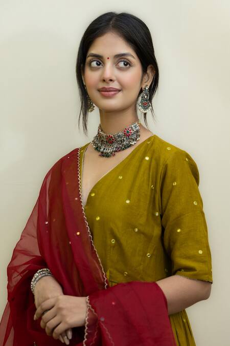 Shop_Mithi Supari_Green Cotton, Organza Mirrors Plunge Neck Embroidered Angarkha Anarkali Set _Online_at_Aza_Fashions