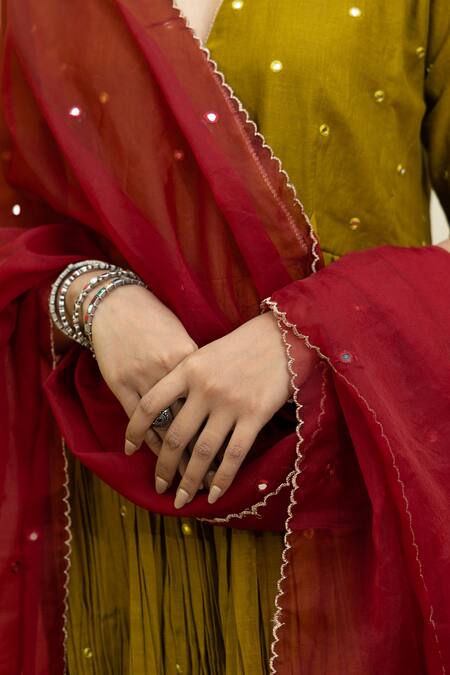 Mithi Supari_Green Cotton, Organza Mirrors Plunge Neck Embroidered Angarkha Anarkali Set _at_Aza_Fashions