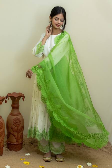 Mithi Supari_White Organza, Chanderi Embroidery Round Neck Threadwork Anarkali Set _Online_at_Aza_Fashions