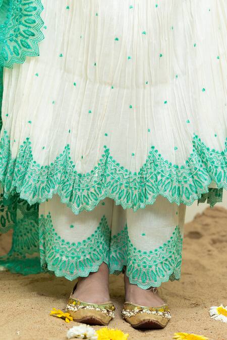 Shop_Mithi Supari_White Organza, Chanderi Embroidery Round Neck Thread Anarkali Pant Set _Online_at_Aza_Fashions