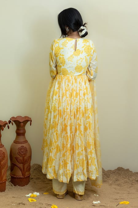 Shop_Mithi Supari_Yellow Viscose, Cotton Sequins, Embroidery Round Neck Floral Print Anarkali Set _at_Aza_Fashions