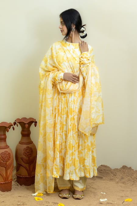 Mithi Supari_Yellow Viscose, Cotton Sequins, Embroidery Round Neck Floral Print Anarkali Set _Online_at_Aza_Fashions