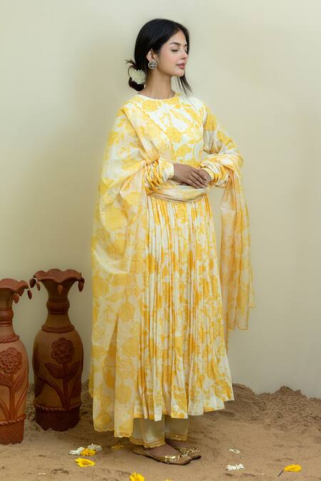 Shop_Mithi Supari_Yellow Viscose, Cotton Sequins, Embroidery Round Neck Floral Print Anarkali Set _Online_at_Aza_Fashions