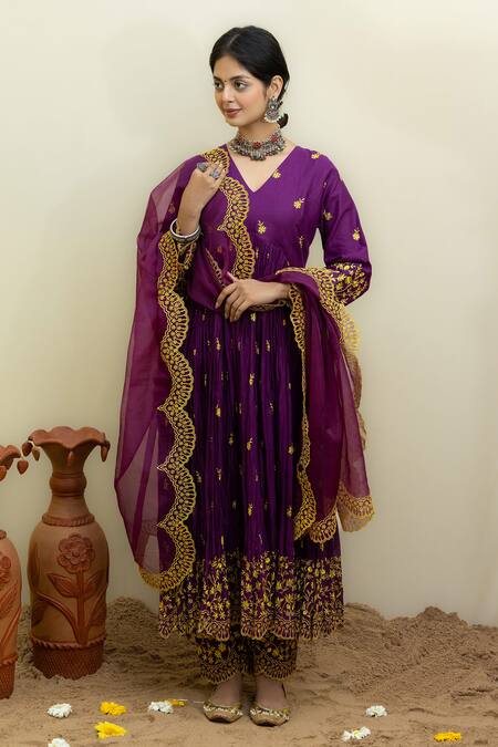 Mithi Supari_Purple Cotton, Organza Embroidery V-neck Threadwork Anarkali Set _Online_at_Aza_Fashions