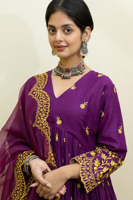 Shop_Mithi Supari_Purple Cotton, Organza Embroidery V-neck Threadwork Anarkali Set _Online_at_Aza_Fashions