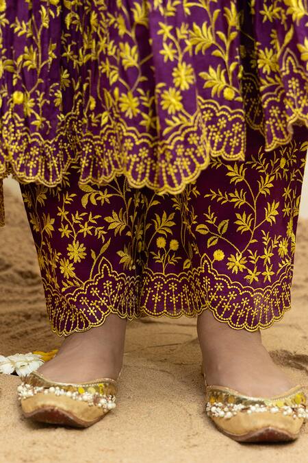 Mithi Supari_Purple Cotton, Organza Embroidery V-neck Threadwork Anarkali Set _at_Aza_Fashions