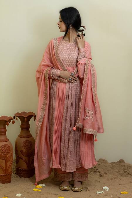 Mithi Supari_Pink Chanderi, Cotton Embroidery, Mughal Floral Brocade Woven Anarkali Set _Online_at_Aza_Fashions