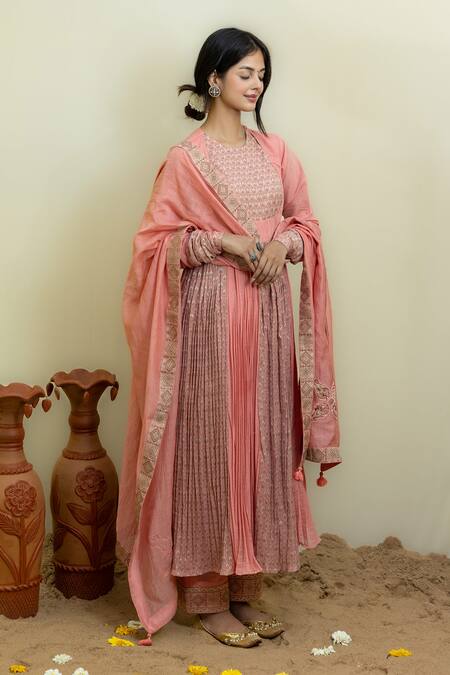 Buy_Mithi Supari_Pink Chanderi, Cotton Embroidery, Mughal Floral Brocade Woven Anarkali Set _Online_at_Aza_Fashions