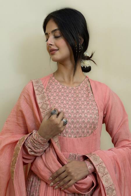 Shop_Mithi Supari_Pink Chanderi, Cotton Embroidery, Mughal Floral Brocade Woven Anarkali Set _Online_at_Aza_Fashions