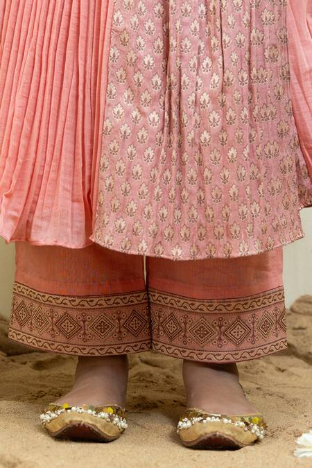 Mithi Supari_Pink Chanderi, Cotton Embroidery, Mughal Floral Brocade Woven Anarkali Set _at_Aza_Fashions