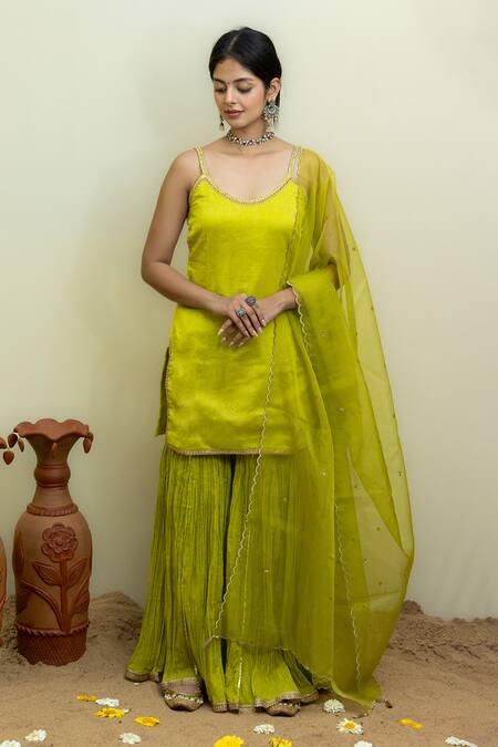 Mithi Supari Green Silk, Cotton, Organza Cut Chanderi Border Embroidered Kurta Sharara Set Online at Aza Fashions Mithi Supari_Green Silk, Cotton, Organza Cut Chanderi Border Embroidered Kurta Sharara Set _Online_at_Aza_Fashions