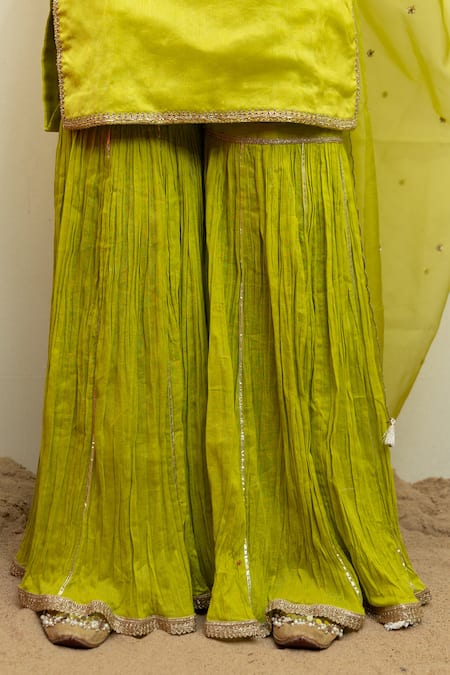 Mithi Supari Green Silk, Cotton, Organza Cut Chanderi Border Embroidered Kurta Sharara Set at Aza Fashions Mithi Supari_Green Silk, Cotton, Organza Cut Chanderi Border Embroidered Kurta Sharara Set _at_Aza_Fashions