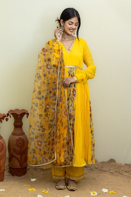 Mithi Supari_Yellow Viscose, Organza, Chanderi Kalamkari Placement Print Anarkali Set _Online_at_Aza_Fashions