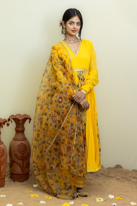 Shop_Mithi Supari_Yellow Viscose, Organza, Chanderi Kalamkari Placement Print Anarkali Set _Online_at_Aza_Fashions