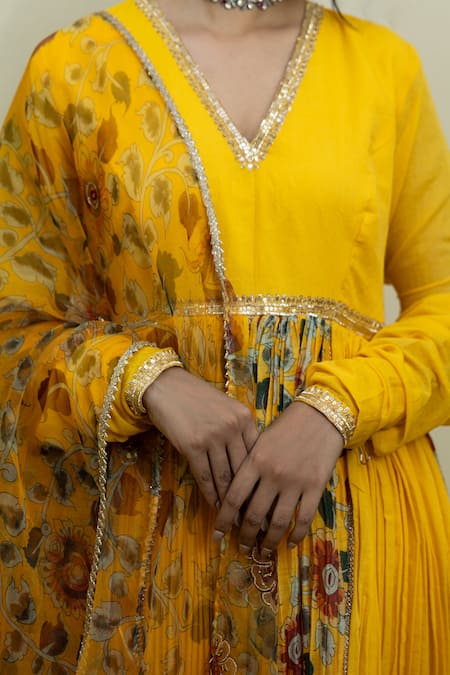 Mithi Supari_Yellow Viscose, Organza, Chanderi Kalamkari Placement Print Anarkali Set _at_Aza_Fashions