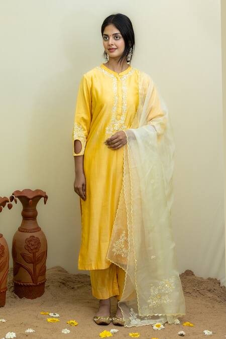 Mithi Supari_Yellow Silk, Organza, Chanderi Sequins, Beads, Thread Placket Kurta Set _Online_at_Aza_Fashions
