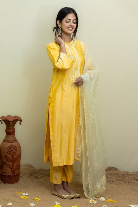 Shop_Mithi Supari_Yellow Silk, Organza, Chanderi Sequins, Beads, Thread Placket Kurta Set _Online_at_Aza_Fashions