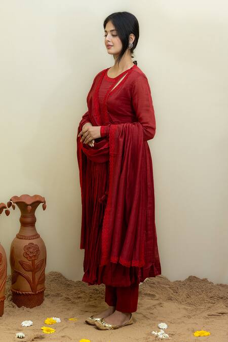 Mithi Supari_Maroon Chanderi Embroidery Round Neck Resham Angarkha Anarkali Set _Online_at_Aza_Fashions