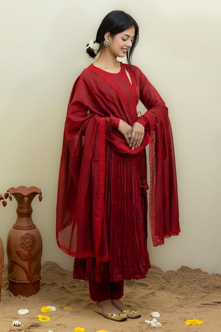 Buy_Mithi Supari_Maroon Chanderi Embroidery Round Neck Resham Angarkha Anarkali Set _Online_at_Aza_Fashions
