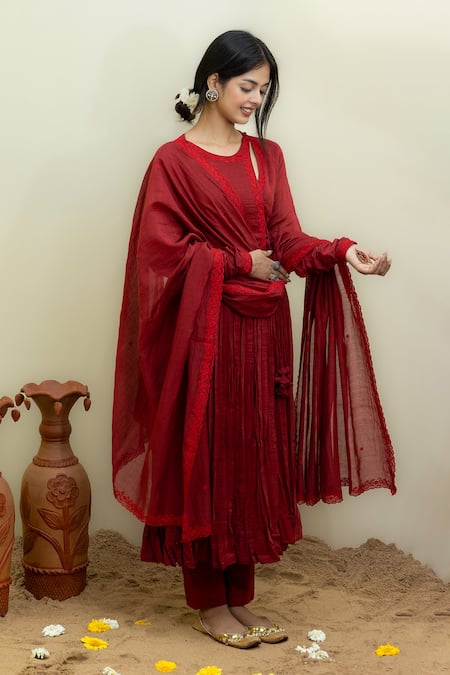 Shop_Mithi Supari_Maroon Chanderi Embroidery Round Neck Resham Angarkha Anarkali Set _Online_at_Aza_Fashions