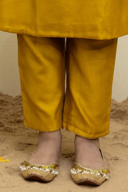 Mithi Supari_Yellow Silk, Chanderi, Organza Embroidery, Zari Round Neck Zardozi Kurta Set _at_Aza_Fashions