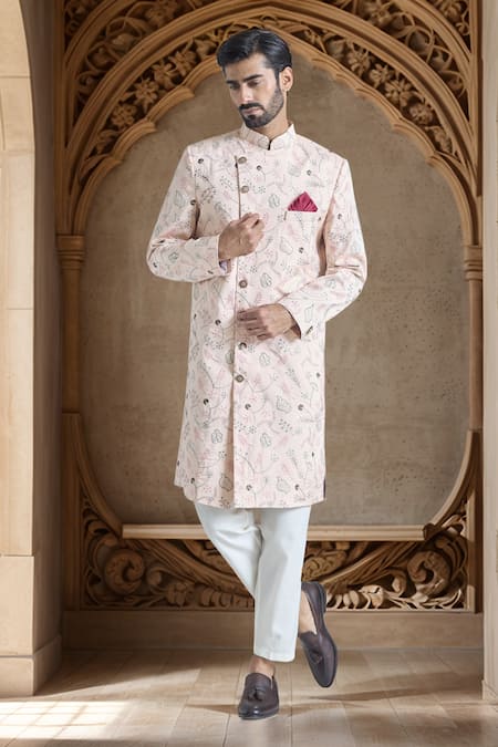 Aryavir Malhotra Pink Pure Silk Embroidery Flora Sherwani With Polo Pant 