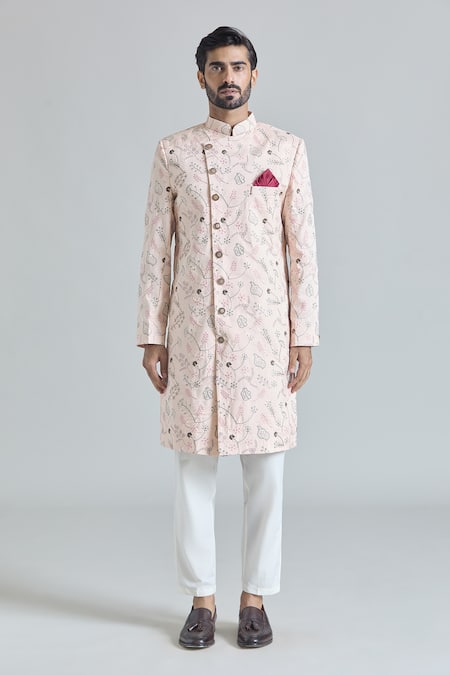 Arihant Rai Sinha Pink Silk, Rayon, Cotton Embroidery Flora Sherwani With Polo Pant Online at Aza Fashions Arihant Rai Sinha_Pink Silk, Rayon, Cotton Embroidery Flora Sherwani With Polo Pant_Online_at_Aza_Fashions