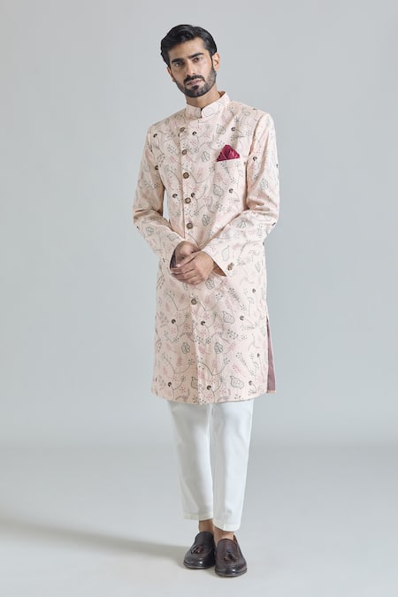 Shop Arihant Rai Sinha Pink Silk, Rayon, Cotton Embroidery Flora Sherwani With Polo Pant Online at Aza Fashions Shop_Arihant Rai Sinha_Pink Silk, Rayon, Cotton Embroidery Flora Sherwani With Polo Pant_Online_at_Aza_Fashions