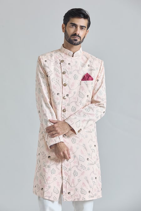 Arihant Rai Sinha Pink Silk, Rayon, Cotton Embroidery Flora Sherwani With Polo Pant at Aza Fashions Arihant Rai Sinha_Pink Silk, Rayon, Cotton Embroidery Flora Sherwani With Polo Pant_at_Aza_Fashions