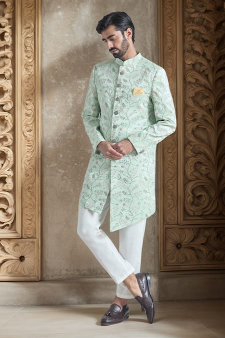 Aryavir Malhotra Blossom Vine Embroidered Asymmetric Sherwani With Polo Pant 