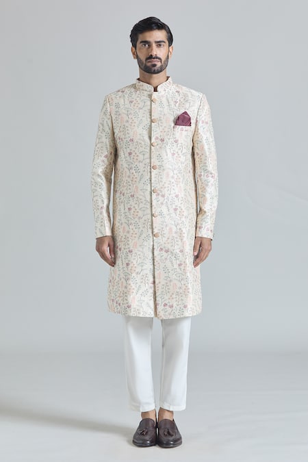 Arihant Rai Sinha Cream Silk, Rayon, Cotton, Satin Embroidery, Gardenia Sherwani With Polo Pant Online at Aza Fashions Arihant Rai Sinha_Cream Silk, Rayon, Cotton, Satin Embroidery, Gardenia Sherwani With Polo Pant_Online_at_Aza_Fashions