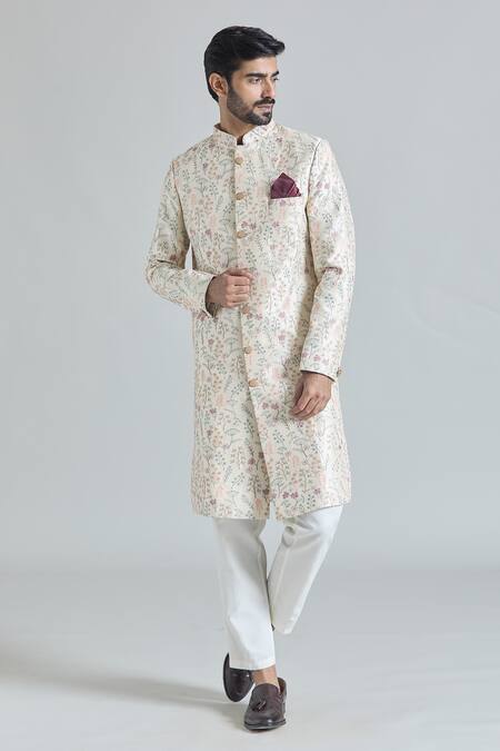 Buy Arihant Rai Sinha Cream Silk, Rayon, Cotton, Satin Embroidery, Gardenia Sherwani With Polo Pant Online at Aza Fashions Buy_Arihant Rai Sinha_Cream Silk, Rayon, Cotton, Satin Embroidery, Gardenia Sherwani With Polo Pant_Online_at_Aza_Fashions
