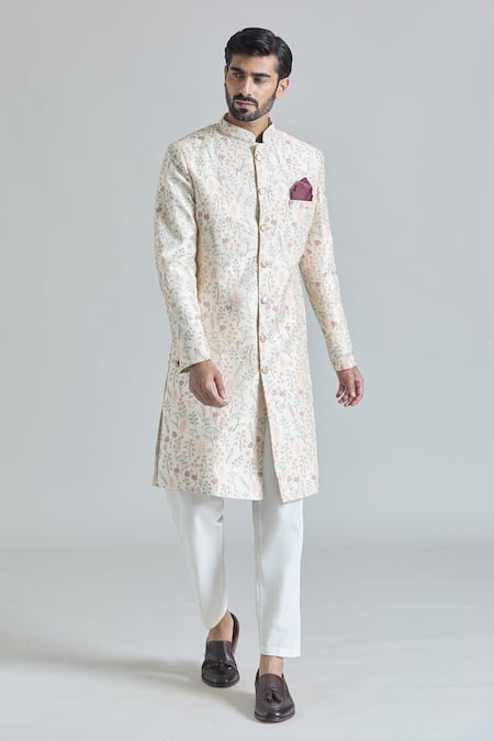 Shop Arihant Rai Sinha Cream Silk, Rayon, Cotton, Satin Embroidery, Gardenia Sherwani With Polo Pant Online at Aza Fashions Shop_Arihant Rai Sinha_Cream Silk, Rayon, Cotton, Satin Embroidery, Gardenia Sherwani With Polo Pant_Online_at_Aza_Fashions