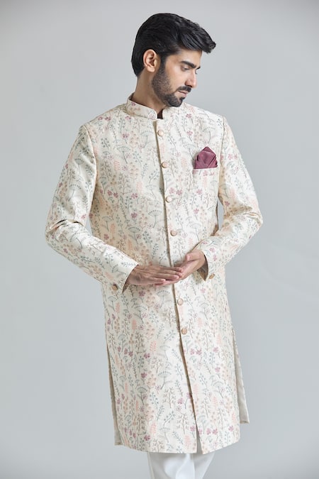 Arihant Rai Sinha Cream Silk, Rayon, Cotton, Satin Embroidery, Gardenia Sherwani With Polo Pant at Aza Fashions Arihant Rai Sinha_Cream Silk, Rayon, Cotton, Satin Embroidery, Gardenia Sherwani With Polo Pant_at_Aza_Fashions