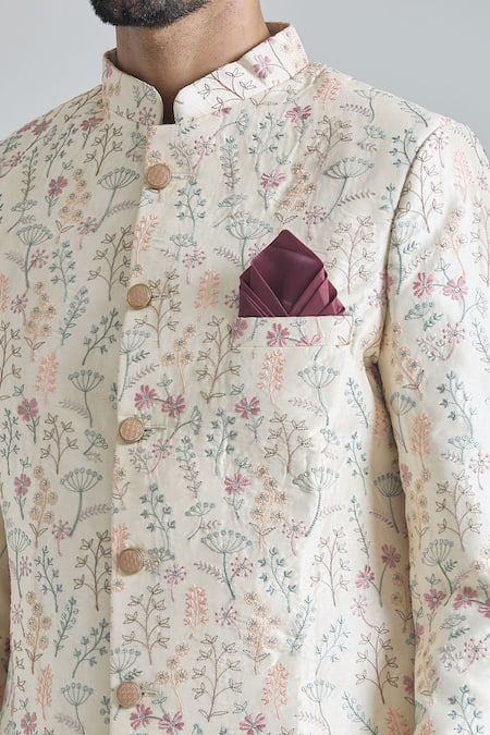 Buy Arihant Rai Sinha Cream Silk, Rayon, Cotton, Satin Embroidery, Gardenia Sherwani With Polo Pant Buy_Arihant Rai Sinha_Cream Silk, Rayon, Cotton, Satin Embroidery, Gardenia Sherwani With Polo Pant