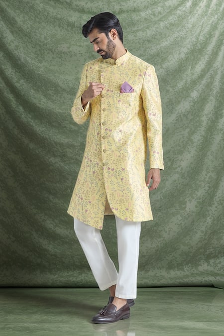 Aryavir Malhotra Gardenia Bloom Embroidered Asymmetric Sherwani With Polo Pant 