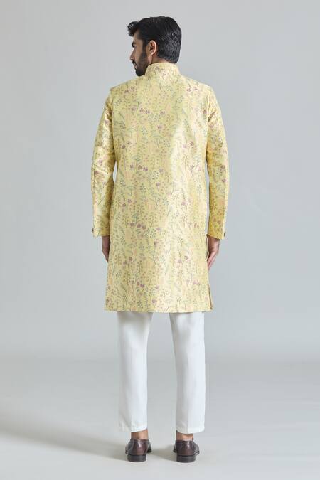 Shop Arihant Rai Sinha Yellow Silk, Rayon, Cotton Gardenia Bloom Asymmetric Sherwani With Polo Pant at Aza Fashions Shop_Arihant Rai Sinha_Yellow Silk, Rayon, Cotton Gardenia Bloom Asymmetric Sherwani With Polo Pant_at_Aza_Fashions