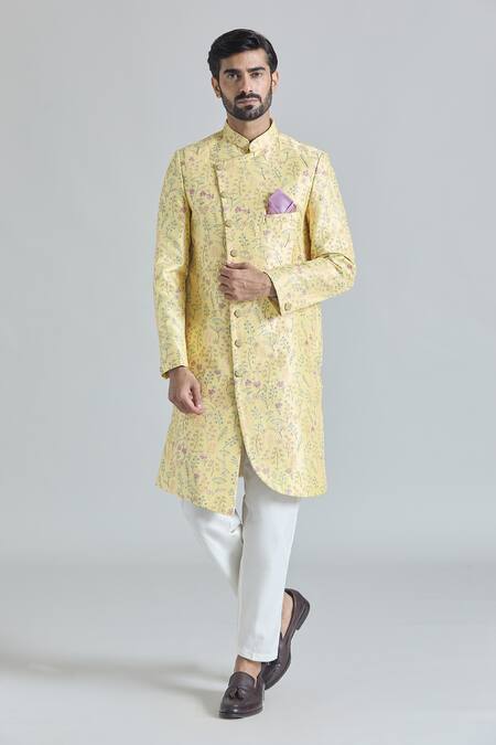 Arihant Rai Sinha Yellow Silk, Rayon, Cotton Gardenia Bloom Asymmetric Sherwani With Polo Pant Online at Aza Fashions Arihant Rai Sinha_Yellow Silk, Rayon, Cotton Gardenia Bloom Asymmetric Sherwani With Polo Pant_Online_at_Aza_Fashions