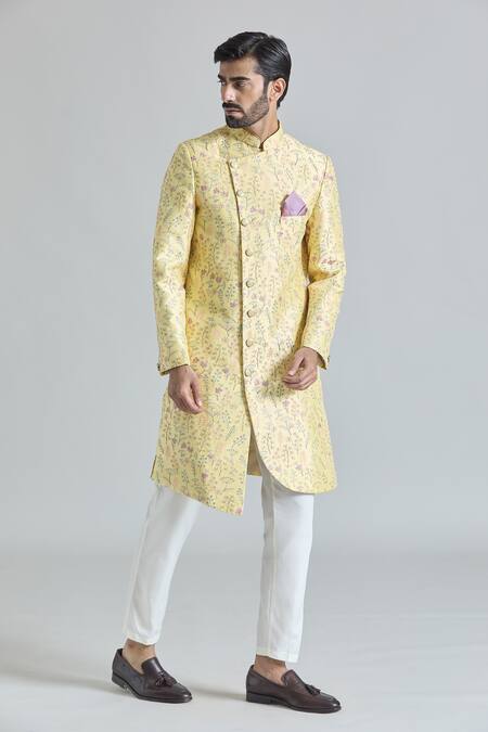 Buy Arihant Rai Sinha Yellow Silk, Rayon, Cotton Gardenia Bloom Asymmetric Sherwani With Polo Pant Online at Aza Fashions Buy_Arihant Rai Sinha_Yellow Silk, Rayon, Cotton Gardenia Bloom Asymmetric Sherwani With Polo Pant_Online_at_Aza_Fashions