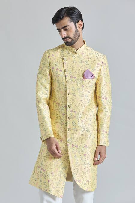 Shop Arihant Rai Sinha Yellow Silk, Rayon, Cotton Gardenia Bloom Asymmetric Sherwani With Polo Pant Online at Aza Fashions Shop_Arihant Rai Sinha_Yellow Silk, Rayon, Cotton Gardenia Bloom Asymmetric Sherwani With Polo Pant_Online_at_Aza_Fashions