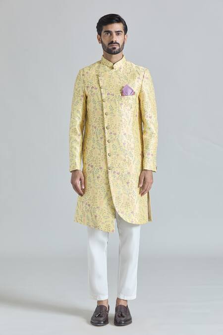 Buy Arihant Rai Sinha Yellow Silk, Rayon, Cotton Gardenia Bloom Asymmetric Sherwani With Polo Pant Buy_Arihant Rai Sinha_Yellow Silk, Rayon, Cotton Gardenia Bloom Asymmetric Sherwani With Polo Pant