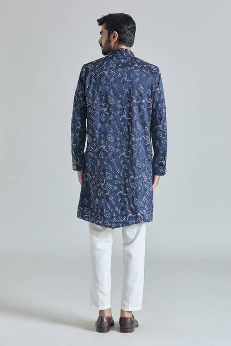 Shop Arihant Rai Sinha Blue Silk, Cotton Embroidery Flora Bloom Sherwani With Polo Pant at Aza Fashions Shop_Arihant Rai Sinha_Blue Silk, Cotton Embroidery Flora Bloom Sherwani With Polo Pant_at_Aza_Fashions