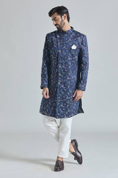 Arihant Rai Sinha Blue Silk, Cotton Embroidery Flora Bloom Sherwani With Polo Pant Online at Aza Fashions Arihant Rai Sinha_Blue Silk, Cotton Embroidery Flora Bloom Sherwani With Polo Pant_Online_at_Aza_Fashions