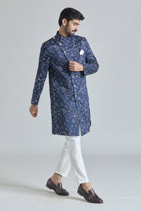 Buy Arihant Rai Sinha Blue Silk, Cotton Embroidery Flora Bloom Sherwani With Polo Pant Online at Aza Fashions Buy_Arihant Rai Sinha_Blue Silk, Cotton Embroidery Flora Bloom Sherwani With Polo Pant_Online_at_Aza_Fashions