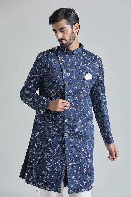 Shop Arihant Rai Sinha Blue Silk, Cotton Embroidery Flora Bloom Sherwani With Polo Pant Online at Aza Fashions Shop_Arihant Rai Sinha_Blue Silk, Cotton Embroidery Flora Bloom Sherwani With Polo Pant_Online_at_Aza_Fashions