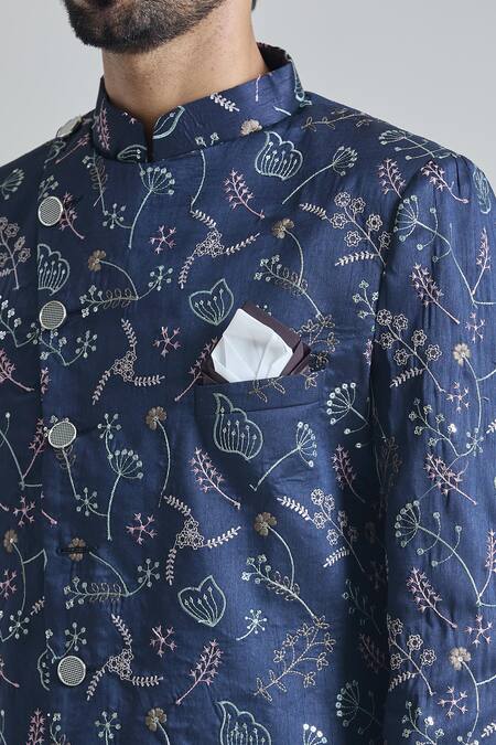 Arihant Rai Sinha Blue Silk, Cotton Embroidery Flora Bloom Sherwani With Polo Pant at Aza Fashions Arihant Rai Sinha_Blue Silk, Cotton Embroidery Flora Bloom Sherwani With Polo Pant_at_Aza_Fashions